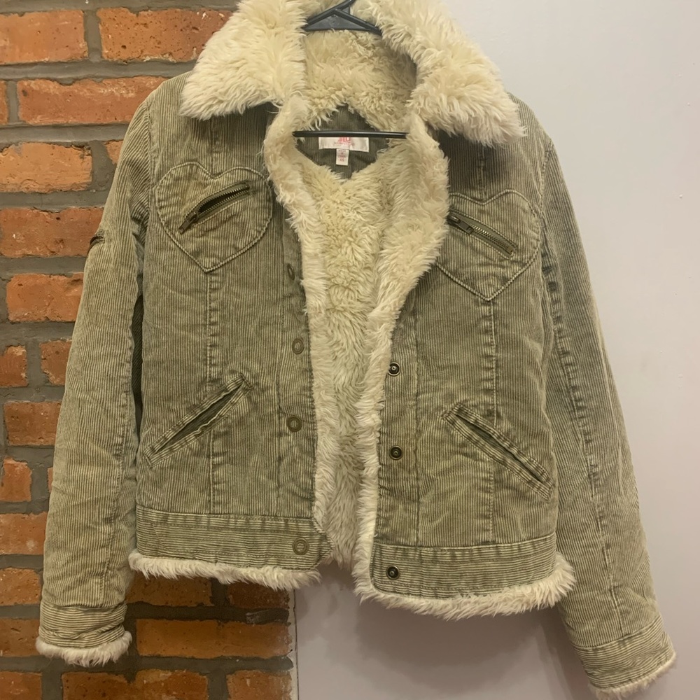 y2k JLO faux fur lined olive corduroy jacket
